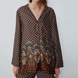 Zara Top Satin Blouse Geometric Print Shirt Size S • NEW WITH TAGS •